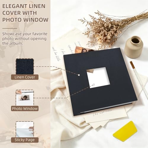 Popotop Photo Album Self Adhesive with Picture Display Window,60 Pages DIY Scrapbooking Supplies Kit for 4x6 8x10 Picture,Linen Cover Memory Book for Baby Wedding, with Scraper and Metallic Pen - Image 3