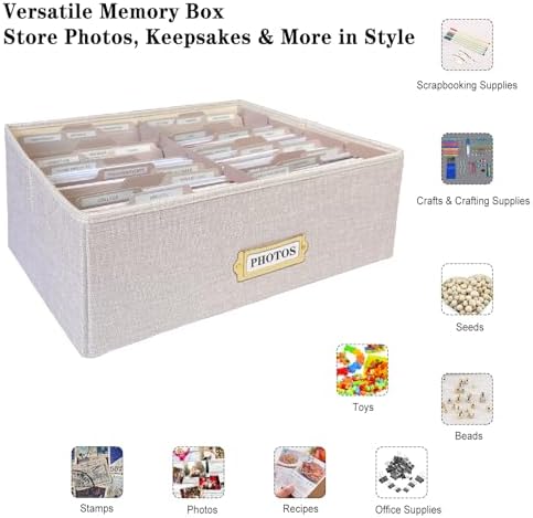 Linen Photo Storage Box – Holds 1700 Photos, Photo Organizer with Lid for Photo, Pictures, 24 Adjustable Dividers & 72 Labels Multi-Use Organizer Memory Box for Envelopes, Baby, Wedding, Cards Beige - Image 3