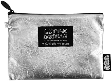 Monolike Little Doodle Flat Pouch, Silver - Makeup Bag, Cosmetic Bag, Travel Bag, Toiletry Bag, Organizer, Storage Bag by Onlythingsilike