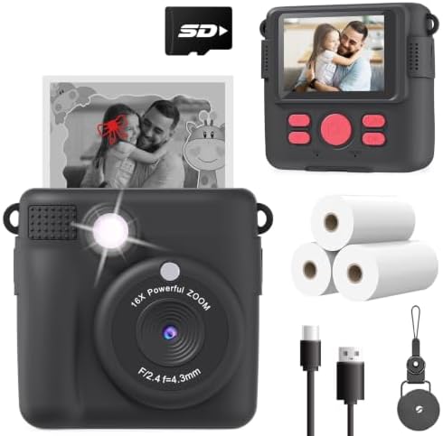ESOXOFFORE Kids Camera Instant Print, Christmas Birthday Gifts for Kids Age 3-12, Selfie Digital Camera with 1080P Videos,Toddler Portable Travel Cameras Toy for 4 5 6 7 8 9 Year Old Boys Black by ESOXOFFORE
