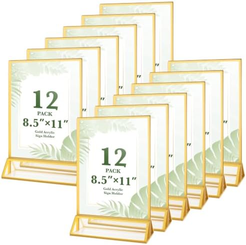 12 Pack 8.5×11 Gold Acrylic Sign Holders, Wedding Table Number Holders by ALFFUN