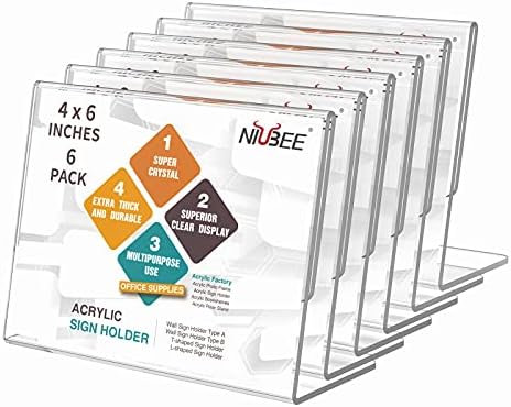 NIUBEE Acrylic Sign Holder 4x6 Horizontal L-Shape Menu Stand 6 Pack by NIUBEE