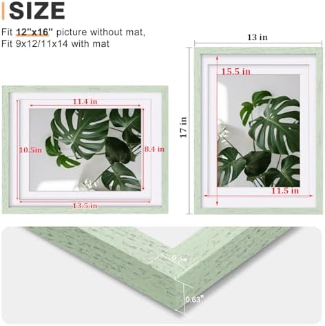 Egofine 12x16 Picture Frames Set of 4, Made of Solid Wood Covered by Plexiglass 9x12 and 11x14 with Mat or 12x16 without Mat, for Wall Mounting Photo Frame Rustic Green - Image 3