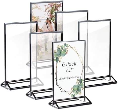 5x7 Inches Clear Picture Frames 6 Pack Acrylic Sign Holders, Double-sided Menu Stands Wedding Table Numbers Holders, Table Top Display Sign Stand Plastic Flyer Holder Vertical Photo Stand, Black by Pansyling