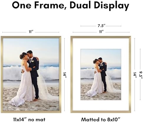 Americanflat 11x14 Picture Frame with Shatter-Resistant Glass - Use as 8x10 Frame with Mat or Display 11x14 Photo Without Mat - Streamline Collection - Thin Border Picture Frames for Wall - Gold - Image 2