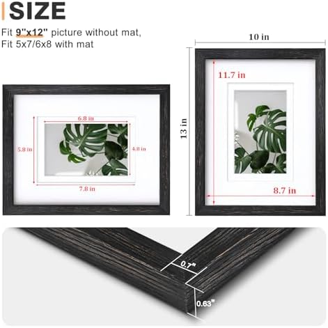 Egofine 9x12 Picture Frames Set of 4, Made of Solid Wood Covered by Plexiglass 5x7 and 6x8 with Mat or 9x12 without Mat, for Table Top Display and Wall Mounting Photo Frame, Driftwood Black - Image 3