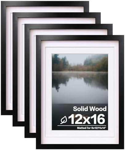 Egofine 12x16 Picture Frames Set of 4, Made of Solid Wood Covered by Plexiglass 9x12 and 11x14 with Mat or 12x16 without Mat, for Wall Mounting Photo Frame Black by Egofine