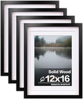Egofine 12x16 Picture Frames Set of 4, Made of Solid Wood Covered by Plexiglass 9x12 and 11x14 with Mat or 12x16 without Mat, for Wall Mounting Photo Frame Black by Egofine