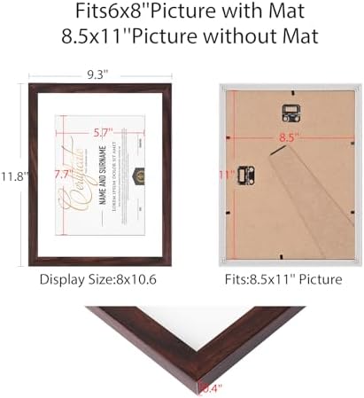 8.5x11 Picture Frame Set of 6, Certificate Document Frame, Diploma Frame, Display Pictures 8.5x11 Without Mat, Brown - Image 2