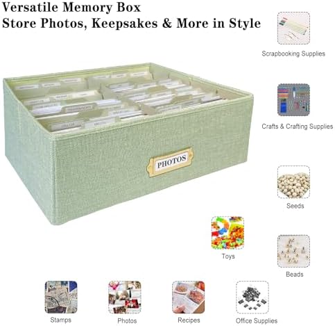 Linen Photo Storage Box – Holds 1700 Photos, Photo Organizer with Lid for Photo, Pictures, 24 Adjustable Dividers & 72 Labels Multi-Use Organizer Memory Box for Envelopes, Baby, Wedding, Cards Green - Image 3