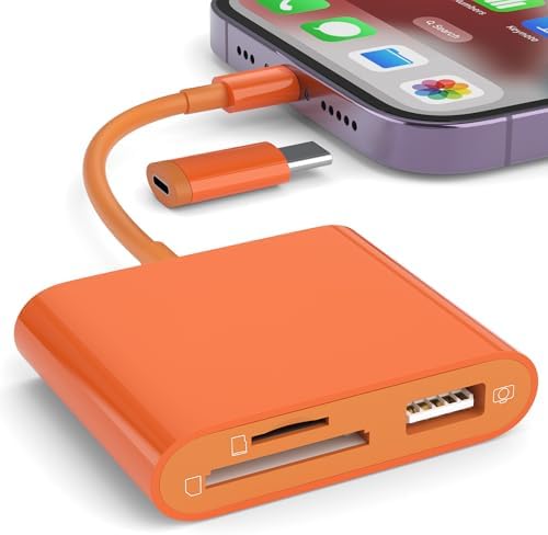 SD Card Reader for iPhone, Memory Card Reader with USB-C to Light-ning Adapter Plug and Play Trail Game Camera Micro SD Card Viewer Support SD/TF Card and USB for iPad No App Required (Orange) by SZHAIYIJIN