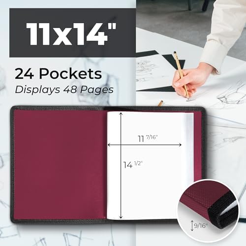 Dunwell 11x14 Art Portfolio Binder, 24-Sleeve, Mounting Paper, Ruby - Image 2
