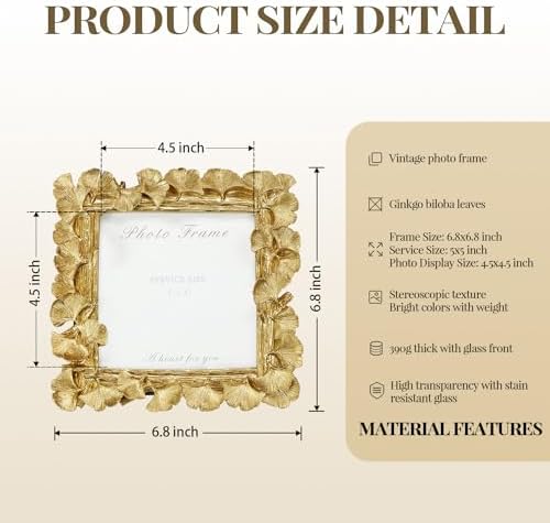 Cuspin 5x5 Picture Frame Gold Vintage Square Frame, Ornate Ginkgo Leaf - Image 4
