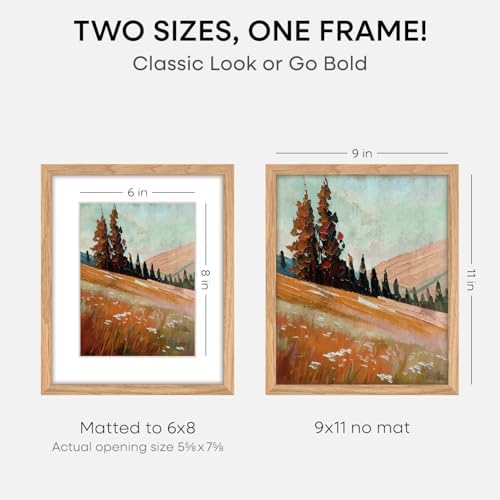 Homeforia 9x11 Natural Oak Picture Frame, High-End Wood, 6x8 Mat, Glass - Image 2
