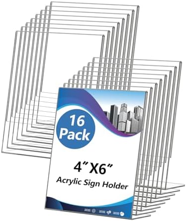 Acrylic Sign Holder 4x6 Inches, 16 Pack Clear Plastic Table Flyer Display Stand, L-Shape Vertical Menu Paper Holder Stand, Clear Picture Photo Flyer Display Stand for Restaurants, Store Fair,Office by Unknown