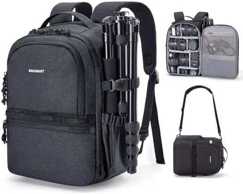 BAGSMART 2 in 1 Small Camera Backpack for DSLR, Fits 12.9" iPad, Black by BAGSMART