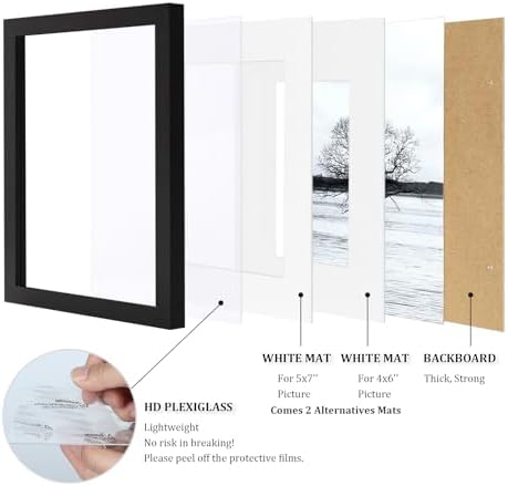 Egofine 8x10 Picture Frames Set of 4, Made of Solid Wood Covered by Plexiglass 4x6 and 5x7 with Mat or 8x10 without Mat, for Table Top Display and Wall Mounting Photo Frame Black - Image 4