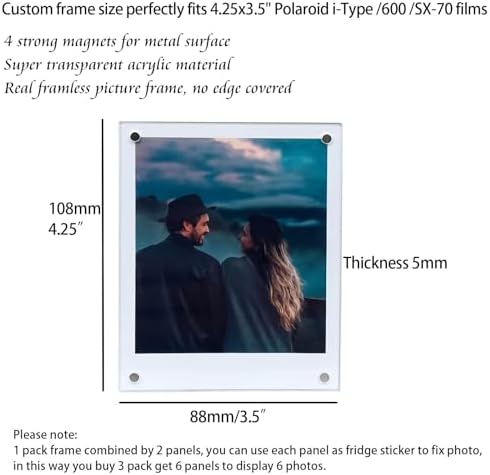 3.5x4.25” Magnetic Polaroid Picture Frame, Fridge Magnet Frame for Polaroid Now i-Type/600/SX-70/OneStep+/Instax Square Wide 300/200/210 Photo [3 Packs 6 Panels] - Image 2