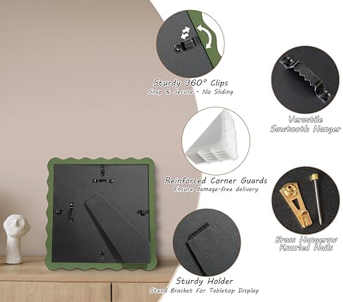 6x6 Green Picture Frame with Mat for 4x4, Curved Wavy Edge Deco Wooden Real Glass, Vertical or Horizontal Display Photo Gallery Wall & Tabletop Frame - Image 5