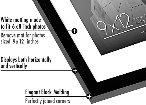 Americanflat 9x12 Picture Frame with Shatter-Resistant Glass - Use as 6x8 Frame with Mat or Display 9x12 Photo Without Mat - Streamline Collection - Picture Frames for Tabletop and Wall - Black - Image 4