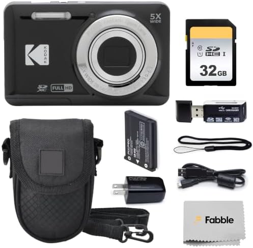 KODAK PIXPRO FZ55 16MP Digital Point & Shoot Camera, 5X Optical Zoom, 28mm Wide Angle, 1080P Full HD Video, Bundle with 32GB SD Card, Protective Case, and Hi-Speed Card Reader (Black) by Unknown