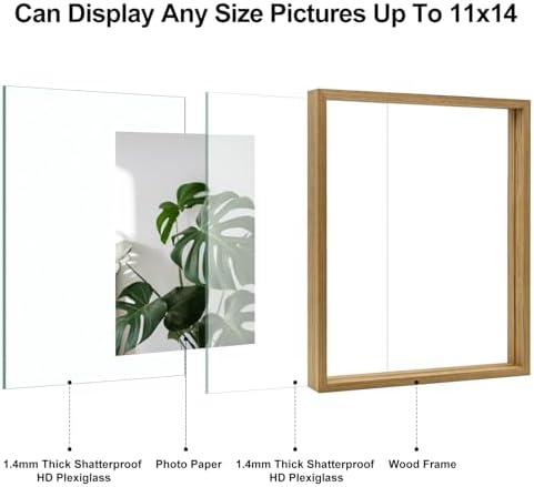 Egofine 11x14 Floating Frames Set of 2, Double Plexiglass Picture Frame, Made of Solid Wood Display Any Size Photo up to 11x14, Wall Mount or Tabletop Standing, Carbonized - Image 3
