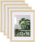 Egofine 12x16 Picture Frames Set of 4, Made of Solid Wood Covered by Plexiglass 9x12 and 11x14 with Mat or 12x16 without Mat, for Wall Mounting Photo Frame Oak Wood by Egofine