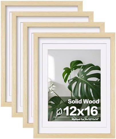 Egofine 12x16 Picture Frames Set of 4, Made of Solid Wood Covered by Plexiglass 9x12 and 11x14 with Mat or 12x16 without Mat, for Wall Mounting Photo Frame Oak Wood by Egofine