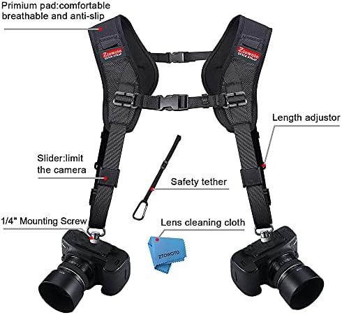 ztowoto Camera Shoulder Double Strap Harness Quick Release Adjustable Dual Camera Tether Strap with Safety Tether and Lens Cleaning Cloth for DSLR SLR Camera - Image 5