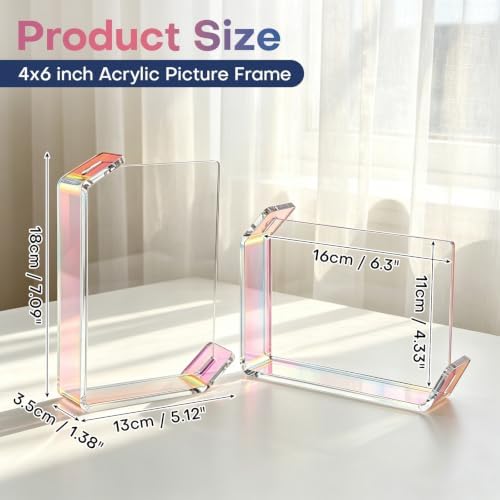 4x6inch L Shaped Acrylic Picture Frame, 2 Pack Double Sided Floating Photo Stand for Tabletop, Horizontal Vertical Display Holder Home Office Decor Family Wedding Anniversary, Iridescent - Image 2