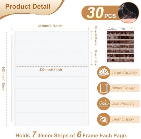 30 Pcs 35mm Film Negative Sleeves Film Negative Storage Album, Clear Page Protectors for 135mm/35mm Camera Film Roll, Acid-Free 135mm Film Travel Organizer for 3-Ring Binder, Holds 1260 Frames - Image 2