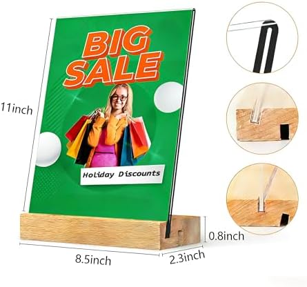TONICE 8.5 x 11 Acrylic Sign Holder with Wood Base 5 Pack L/T Shape Vertical or Slant Back Display for Wedding, Restaurant, Store, Office, Hotel - Image 2
