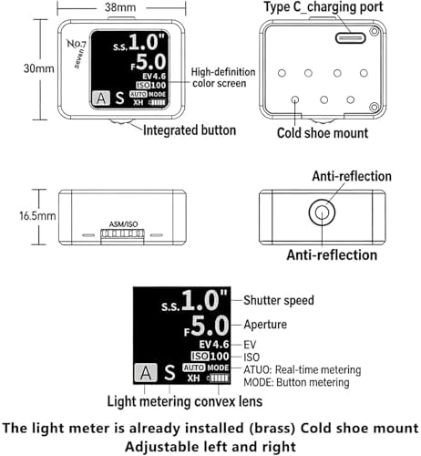 Camera Light Meter, 30°Fov Digital Exposure Meter, 1.54 Inch Display, Ev Range 1-22, High-Precision Sensor, Adjustable Shooting Mode, Cold Shoe Mount, for Vintage Film Photography - Image 5
