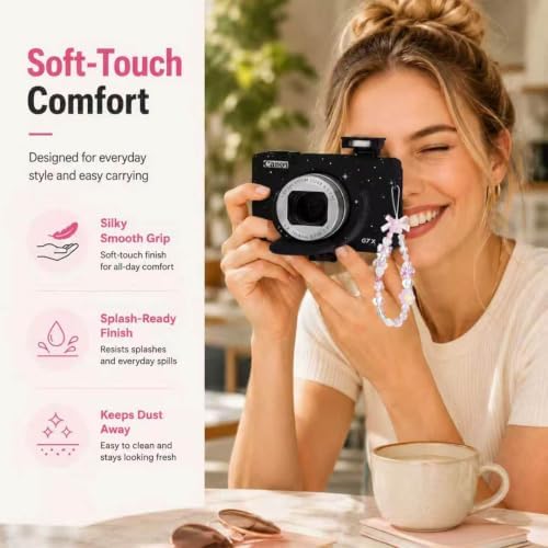 Cute Camera Case for Canon G7X Mark III,Silicone Protective Cover with Removable Lens Cap,Bracelet Wrist Strap & 2 Pack Tempered Glass Screen Protector for Women (Blcak Star) - Image 4
