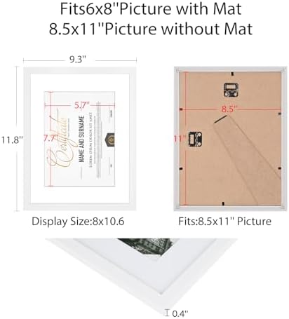 8.5x11 Picture Frame Set of 6, Certificate Document Frame, Diploma Frame, Display Pictures 8.5x11 Without Mat, White - Image 5