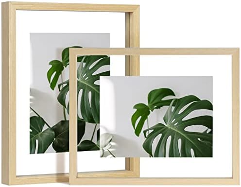 Egofine 8x10 Floating Frames Set of 2, Double Plexiglass Picture Frame, Made of Solid Wood Display Any Size Photo up to 8x10, Wall Mount or Tabletop Standing, Natural Wood by Egofine