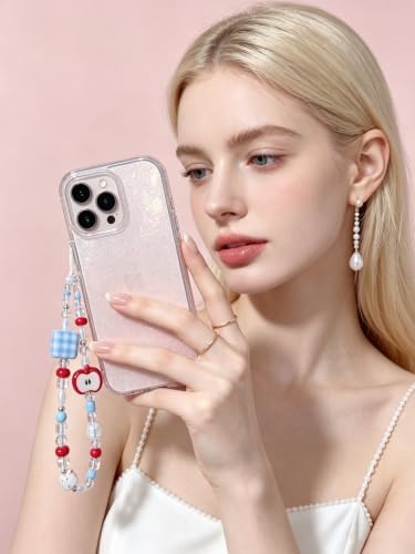 2 Pcs Phone Charm Strap Hand Wrist Strap Camera Lanyard Pearl Beaded Cute Chain String Accessories Universal for iPhone 17 Pro Max 16 15 for Samsung Women Girls Keychain Bags Red Apple and Beach Beads - Image 6