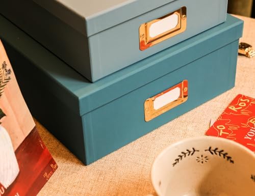 2-Piece Decorative Storage Boxes with Lids, Ocean Blue and Sky Blue combination Document Organizers with Gold Label Holders, Home Decor, Photo Storage, Files Organizer and Keepsake Box - Image 3