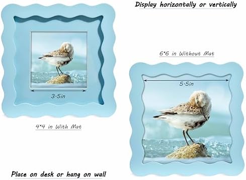 6x6 Blue Picture Frame with Mat for 4x4, Curved Wavy Edge Deco Wooden Real Glass, Vertical or Horizontal Display Photo Gallery Wall & Tabletop Frame - Image 3