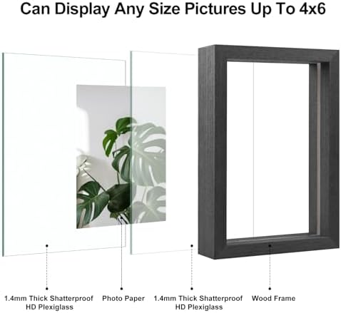 Egofine 4x6 Floating Frames Set of 2, Double Plexiglass Picture Frame, Made of Solid Wood Display Any Size Photo up to 4x6, Wall Mount or Tabletop Standing, Faded Black - Image 4