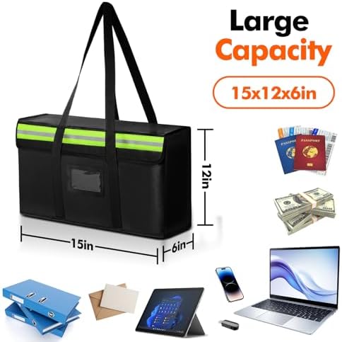 Large Fireproof Document Bag for Home Safe Storage, 15 x 12 x 6in, Black - Image 2