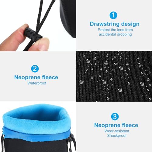 PATIKIL 2 Pcs 3.7" ID x 7.1" H Neoprene Drawstring Lens Pouch, Black, Blue, Camera Lens Case - Image 4
