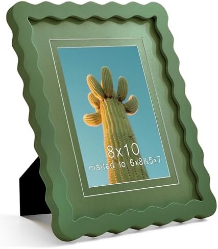 8x10 Green Picture Frame with Mat for 5x7/6x8, Curved Wavy Edge Deco Wooden Real Glass, Vertical or Horizontal Display Photo Gallery Wall & Tabletop Frame by Gdfmsc