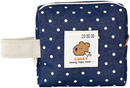 Monolike Happy and Lucky Denim Dot Cube Pouch, Navy - Makeup Bag, Cosmetic Bag, Travel Bag, Toiletry Bag, Organizer, Storage Bag by Onlythingsilike