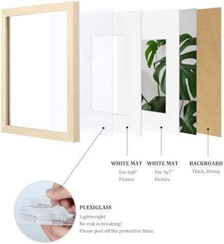 Egofine A4 Picture Frames Set of 4, Made of Solid Wood Covered by Plexiglass 5x7 and 6x8 with Mat or A4 without Mat, for Table Top Display and Wall Mounting Photo Frame Oak Wood - Image 3