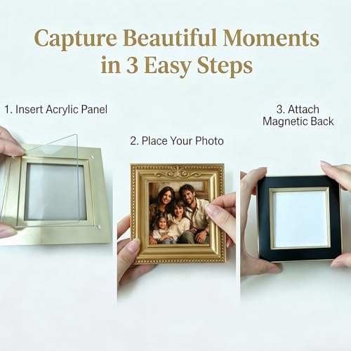 Vintage Mini Gold Magnetic Picture Frames for Refrigerator, 2-Pack Antique Magnet Photo Frames, Magnetic Photo Sleeves for Wallet Photos, Mini Art & Metal Surface Decor - Image 6