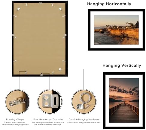 20x28 Poster Frame Set of 2, 20 x 28 Wood Picture Frames with Mat for 16x24, Wooden Photo Frame with Tempered Glass Cover for Wall Mounting Display, Black - Image 4