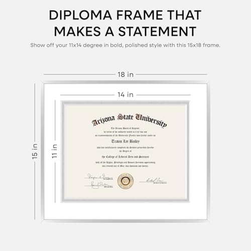 Homeforia 15x18 Silver Diploma Frame, High-End Metal, 11x14 Mat, Glass - Image 2