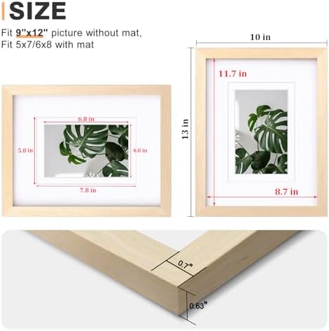 Egofine 9x12 Picture Frames Set of 4, Made of Solid Wood Covered by Plexiglass 5x7 and 6x8 with Mat or 9x12 without Mat, for Table Top Display and Wall Mounting Photo Frame Oak Wood - Image 3