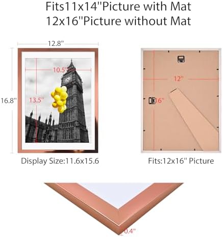12x16 Picture Frame Set of 6, Made of High Definition Plexiglass for 12 x 16 Rose Gold Frames,Display Pictures 8x10 with Mat,Wall and Tabletop Display - Image 2